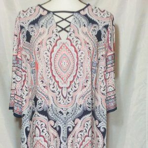 Roz & Ali Casual Pink White Dress 3/4 Flare Sleeves Size16 Multi-Color Geometri